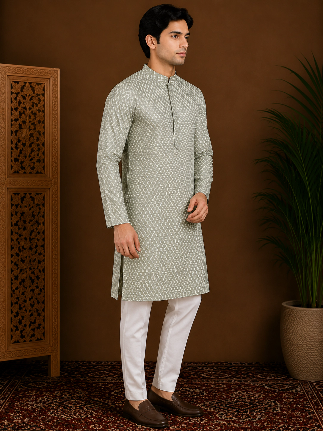 Men's Pistachio Embroidered Silk Kurta view 4