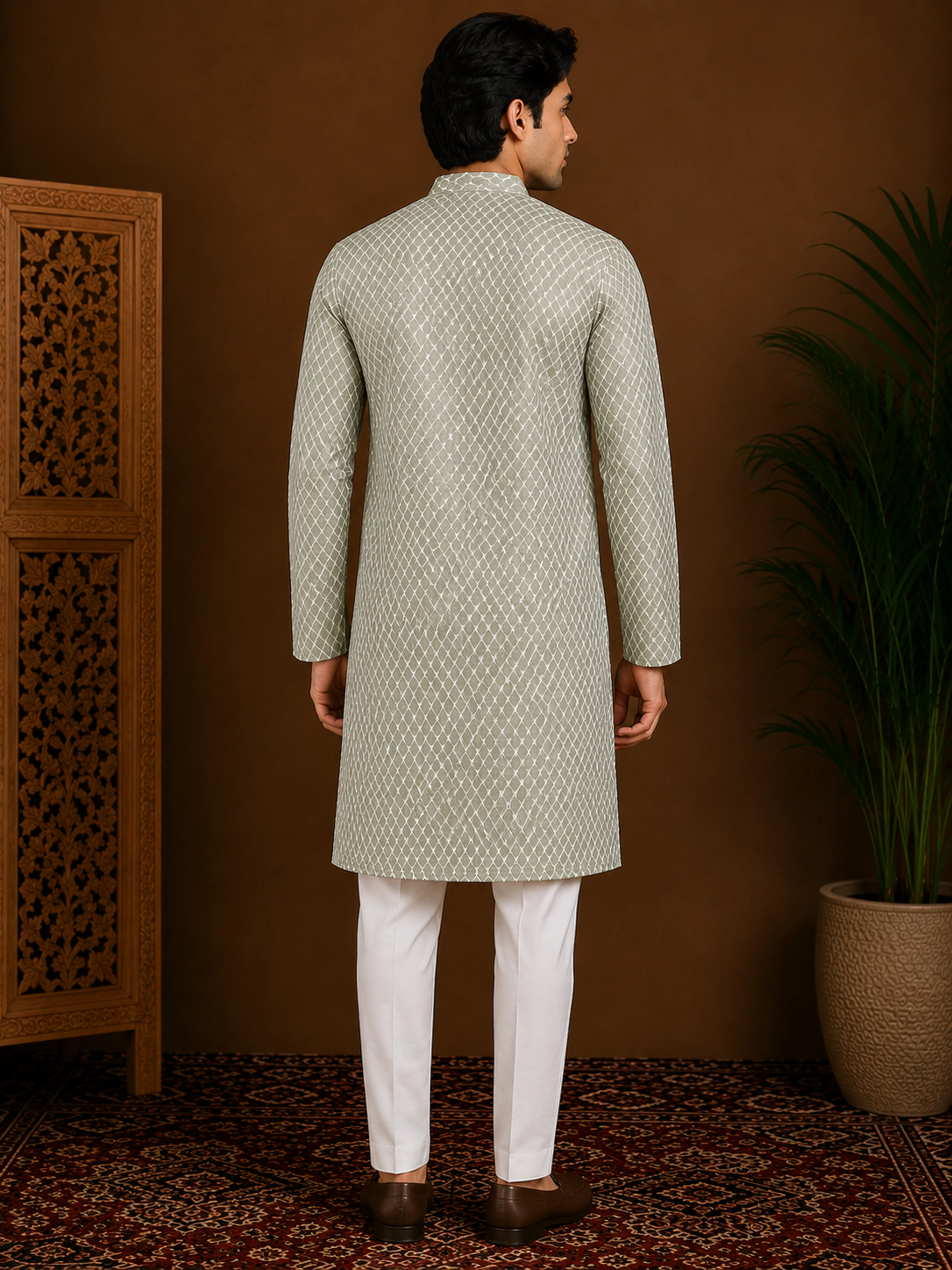 Men's Pistachio Embroidered Silk Kurta view 3