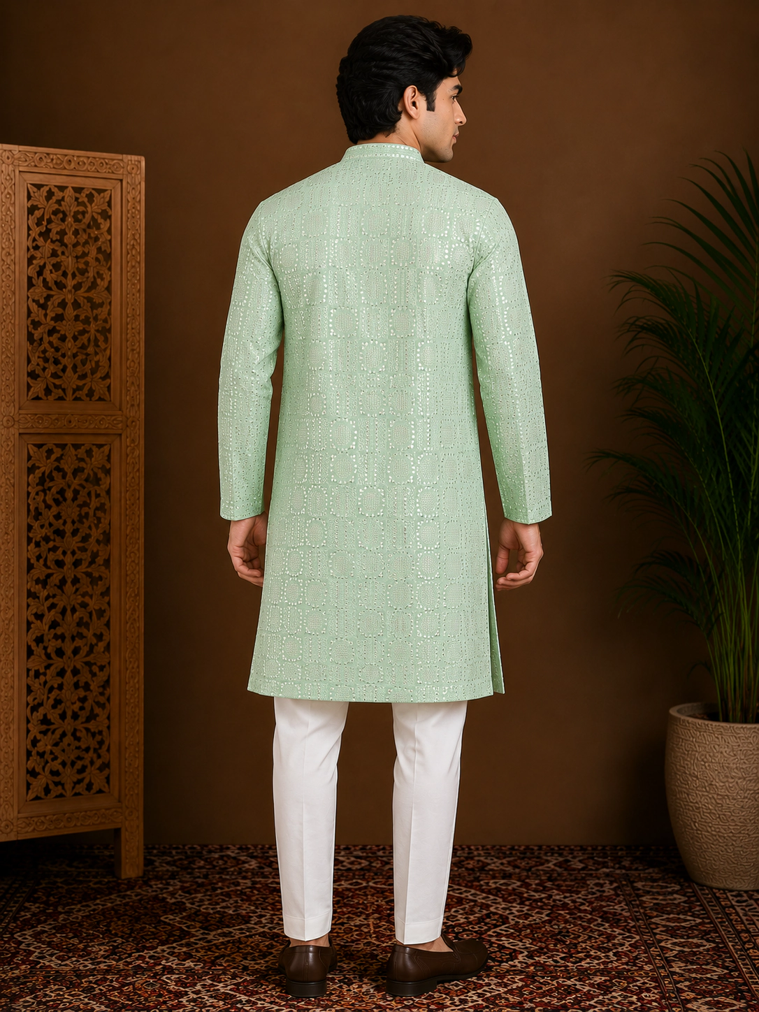 Men's Mint Green Embroidered Silk Kurta view 3