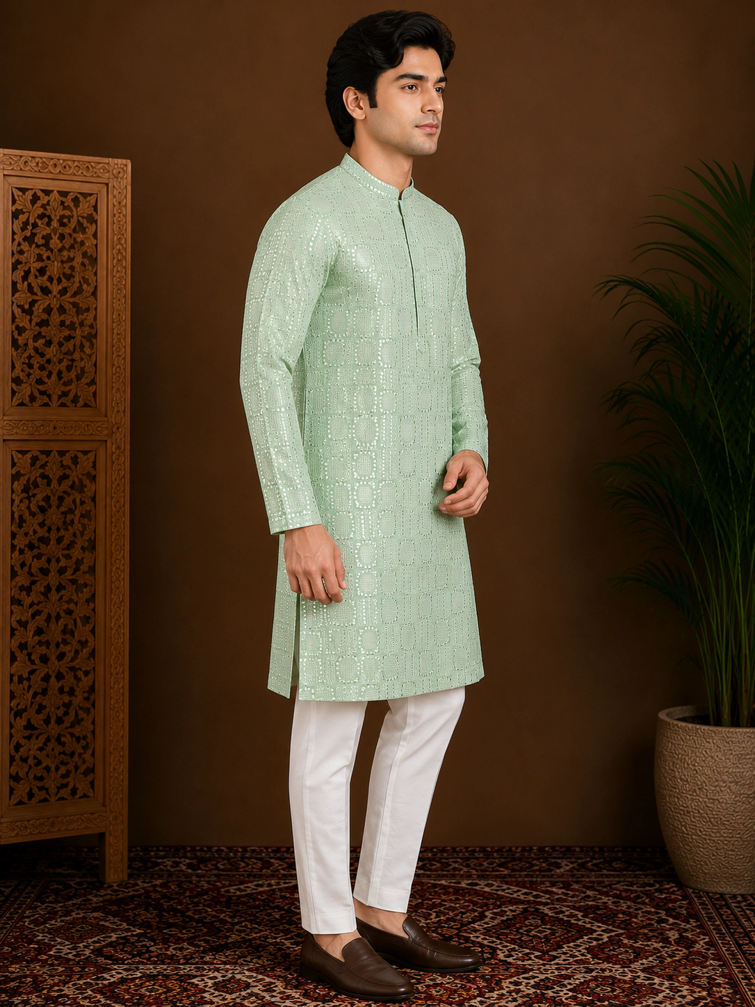 Men's Mint Green Embroidered Silk Kurta view 4