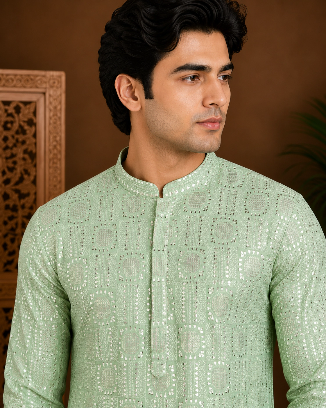 Men's Mint Green Embroidered Silk Kurta view 2