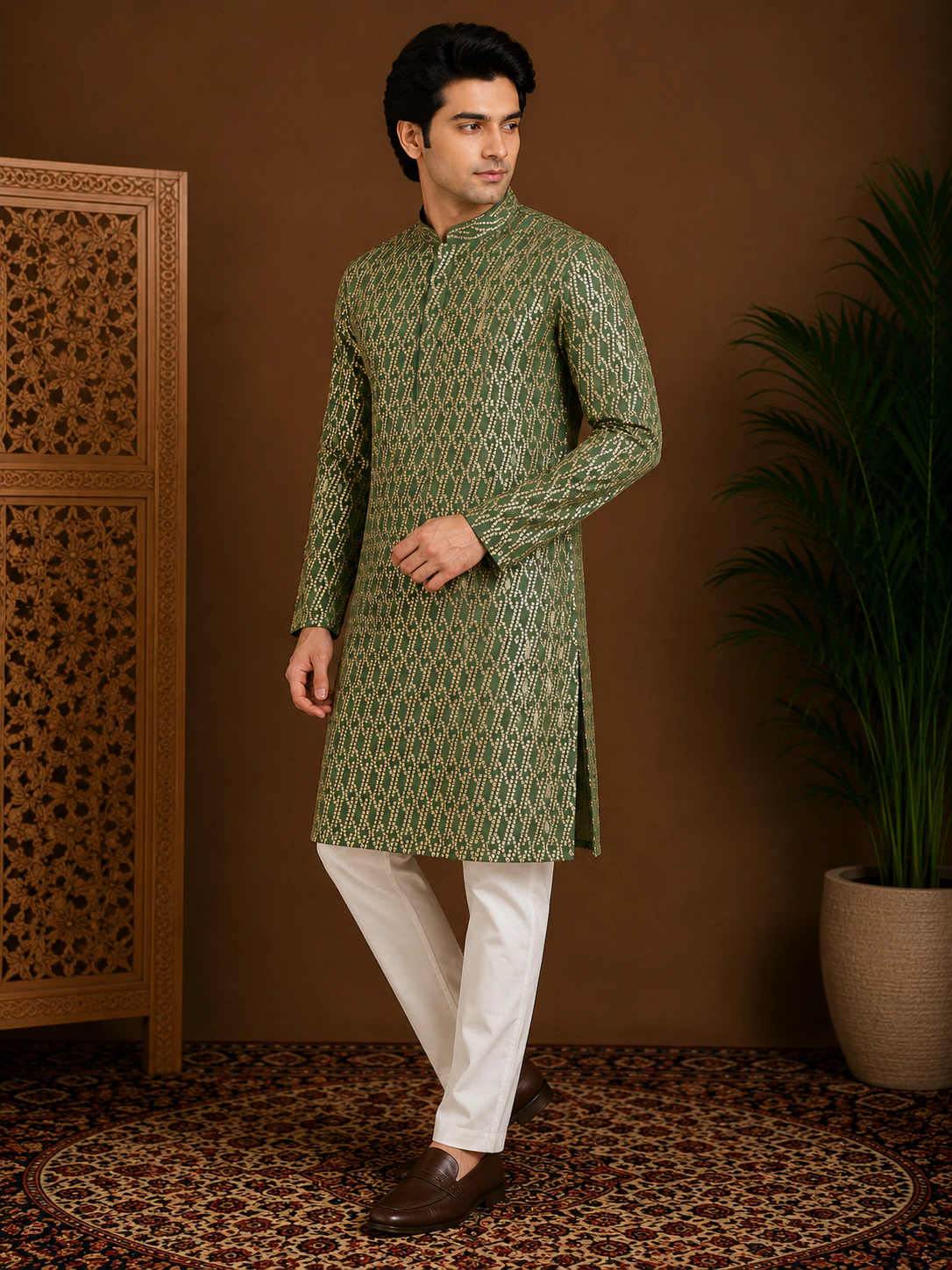 Men's Emerald Green Embroidered Silk Kurta view 4