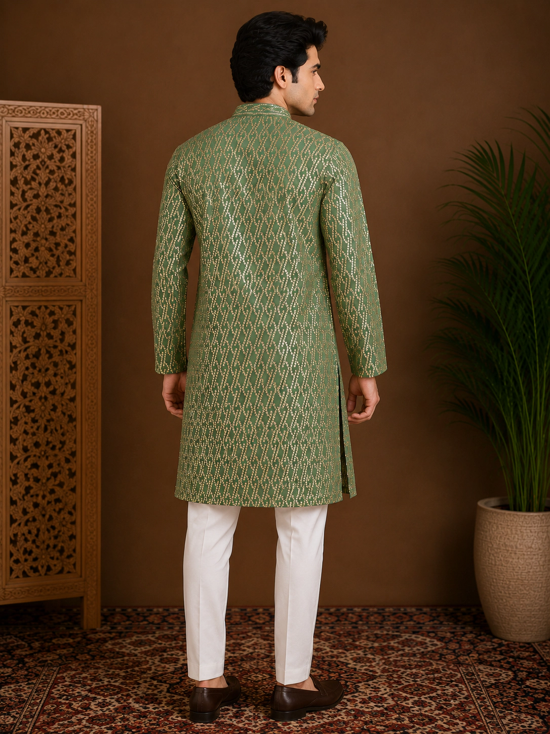 Men's Emerald Green Embroidered Silk Kurta view 3