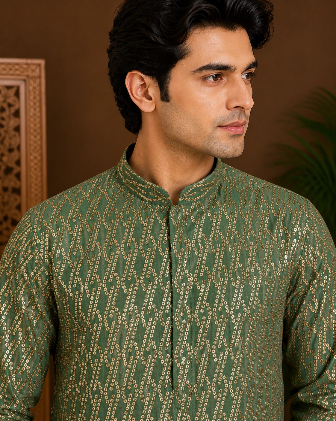 Men's Emerald Green Embroidered Silk Kurta view 2