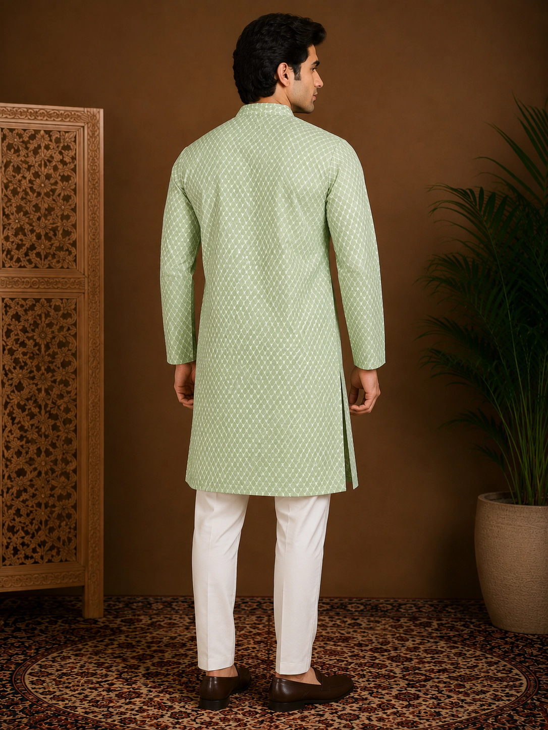 Men's Light Green Embroidered Silk Kurta view 3