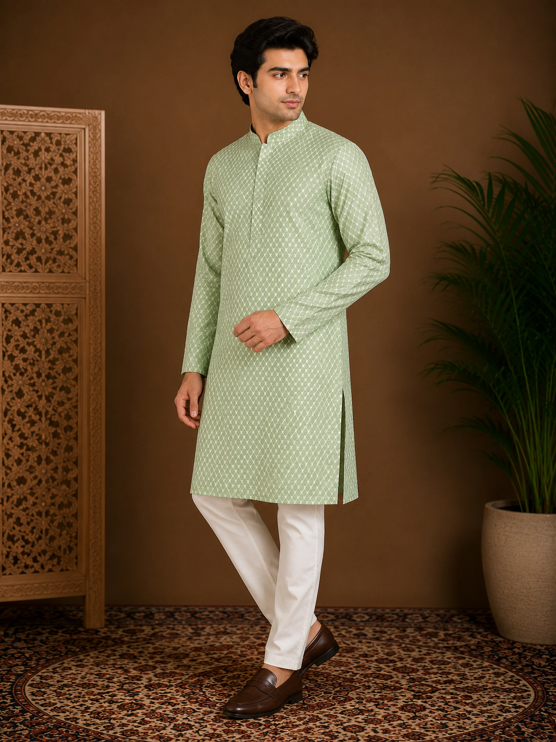 Men's Light Green Embroidered Silk Kurta view 4