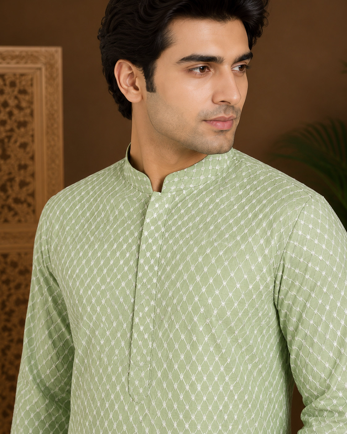 Men's Light Green Embroidered Silk Kurta view 2