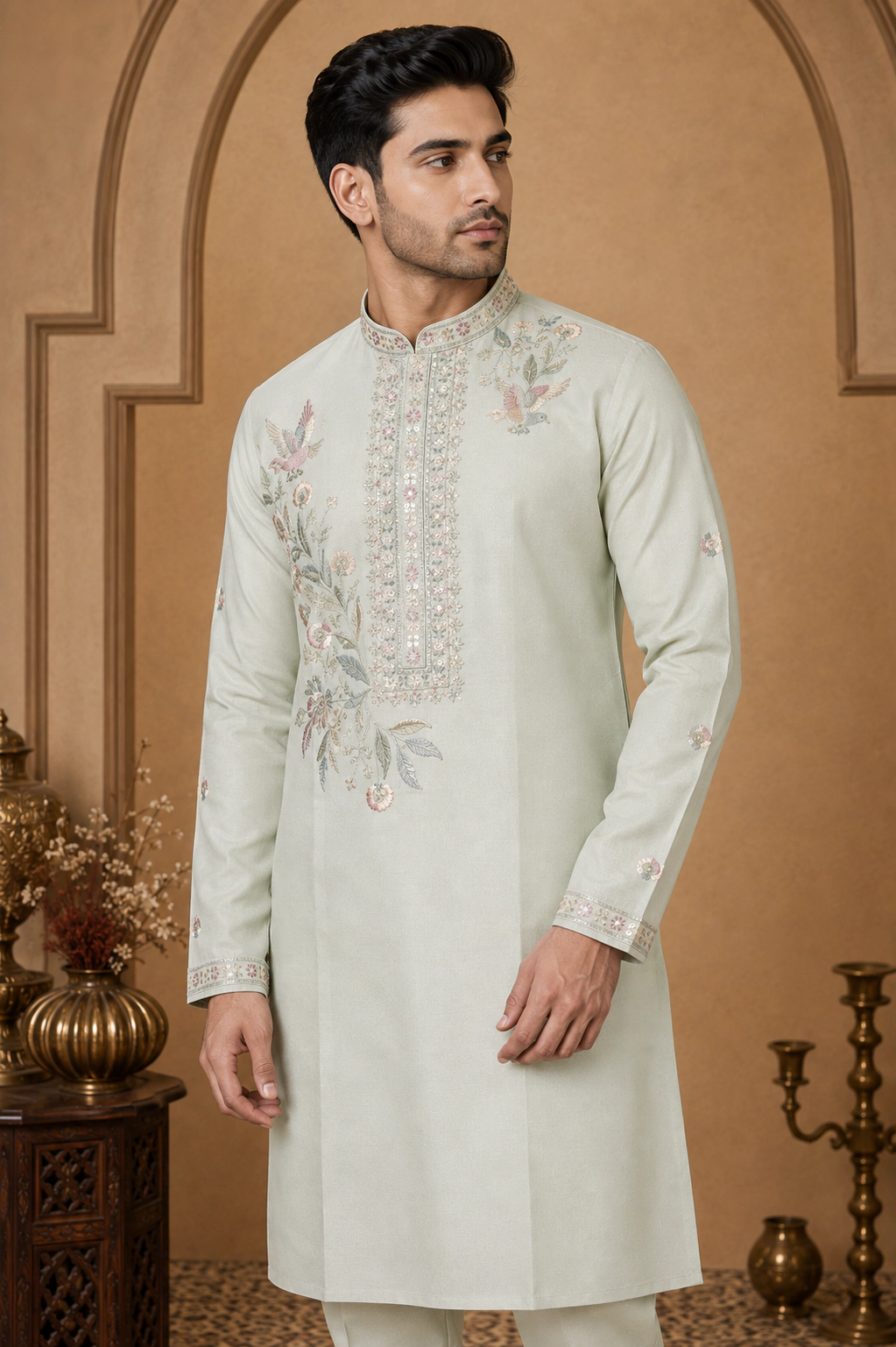 Men's Mint Green Dola Silk Embroidered Kurta Set view 2