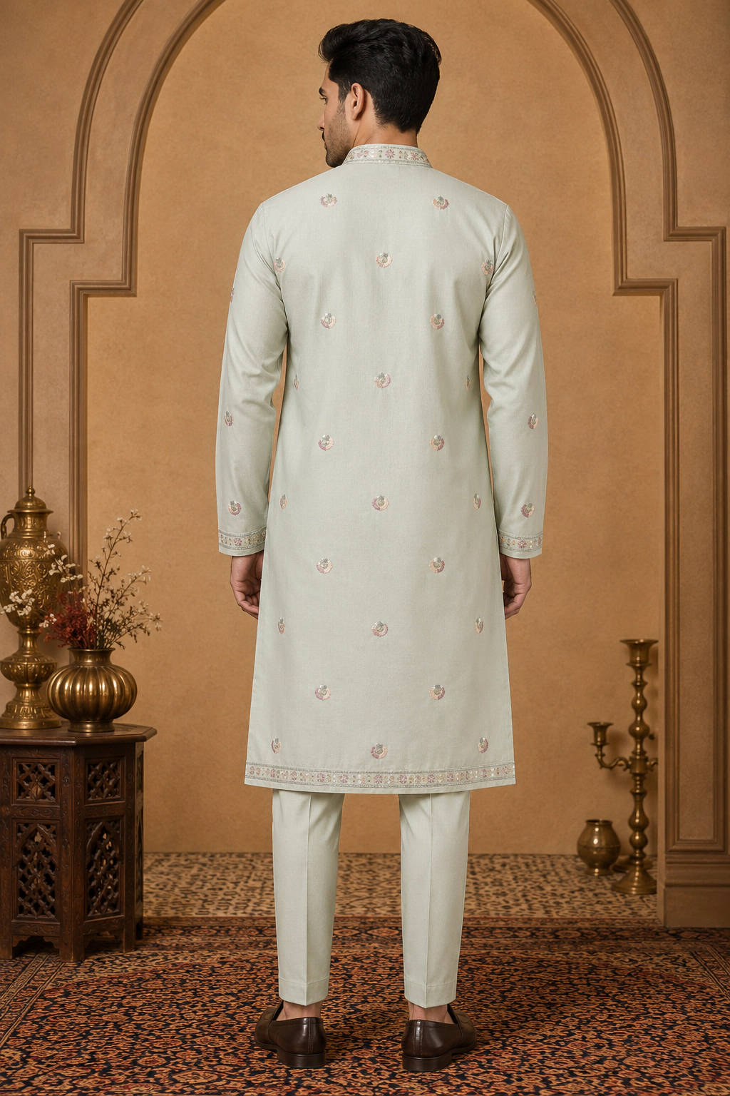 Men's Mint Green Dola Silk Embroidered Kurta Set view 3