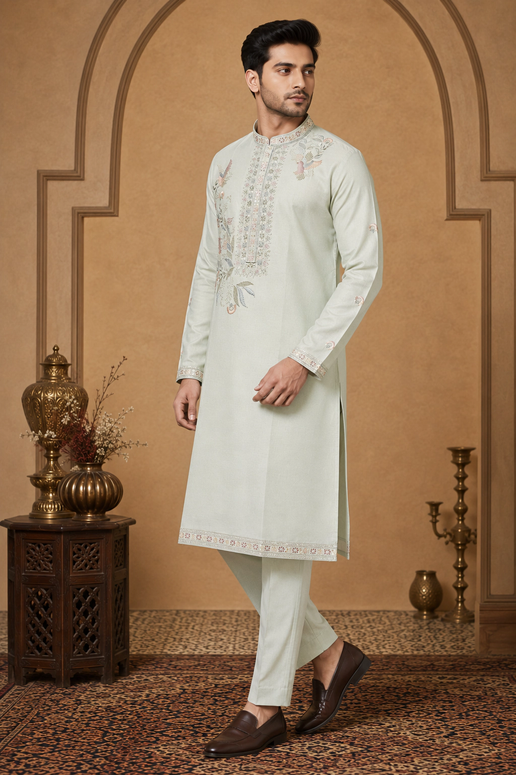 Men's Mint Green Dola Silk Embroidered Kurta Set view 4