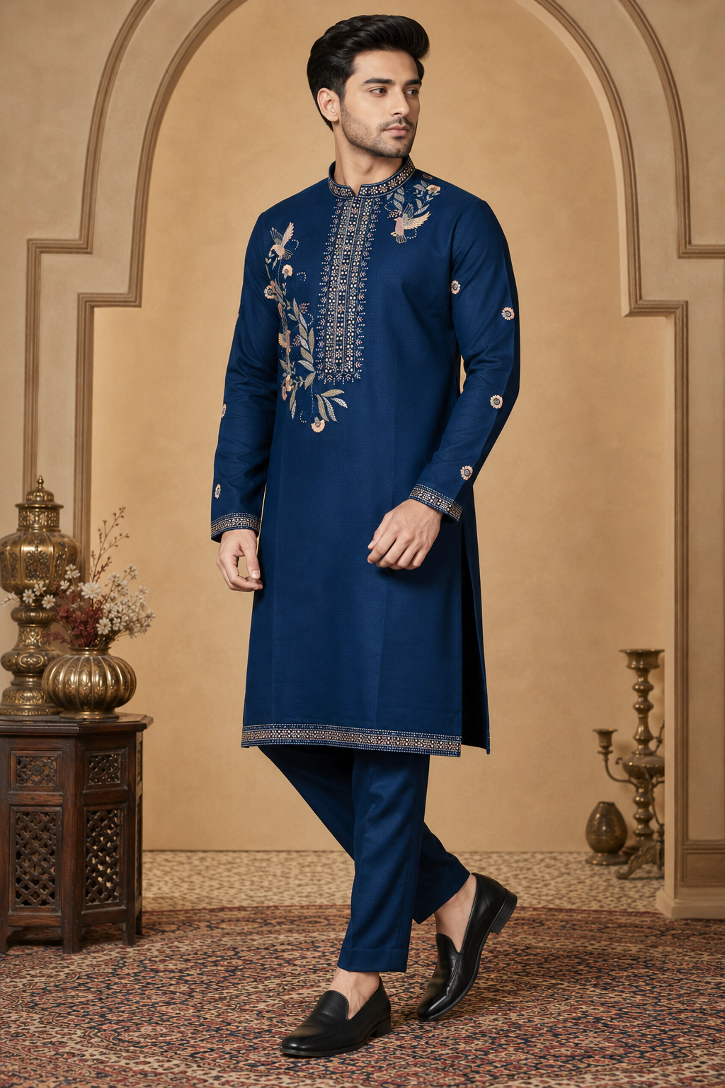 Men's Navy Blue Dola Silk Embroidered Kurta Set view 4