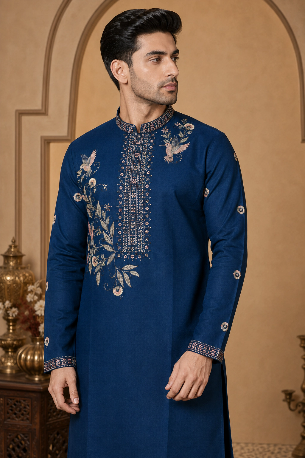 Men's Navy Blue Dola Silk Embroidered Kurta Set view 2