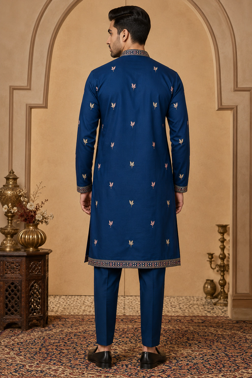 Men's Navy Blue Dola Silk Embroidered Kurta Set view 3