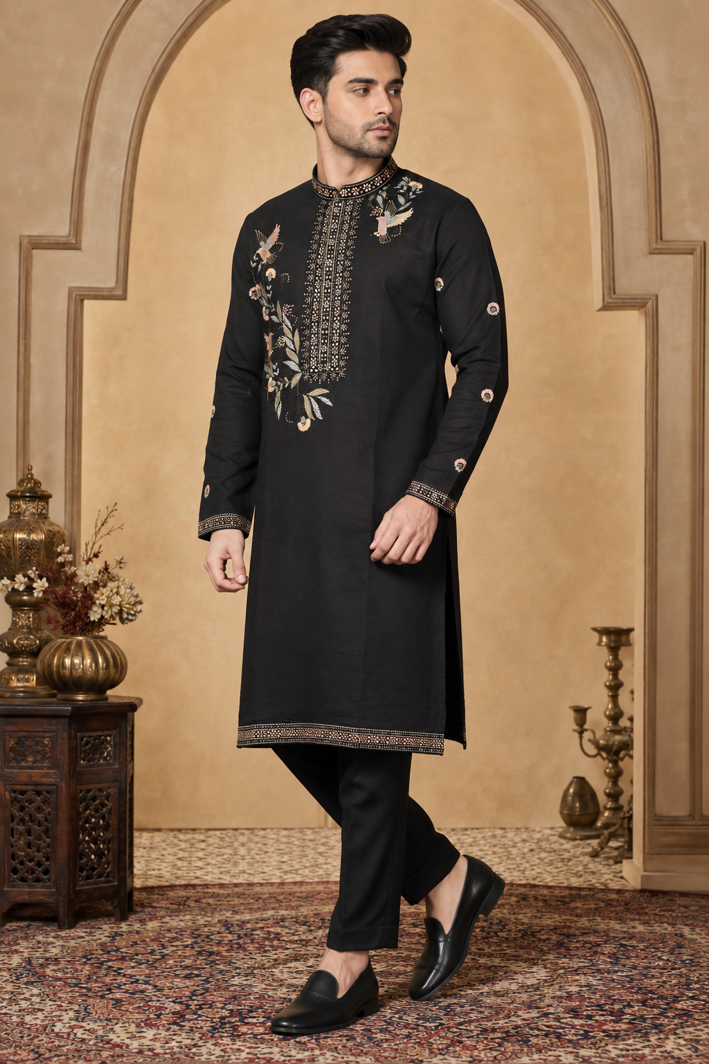 Men's Black Dola Silk Embroidered Kurta Set view 4