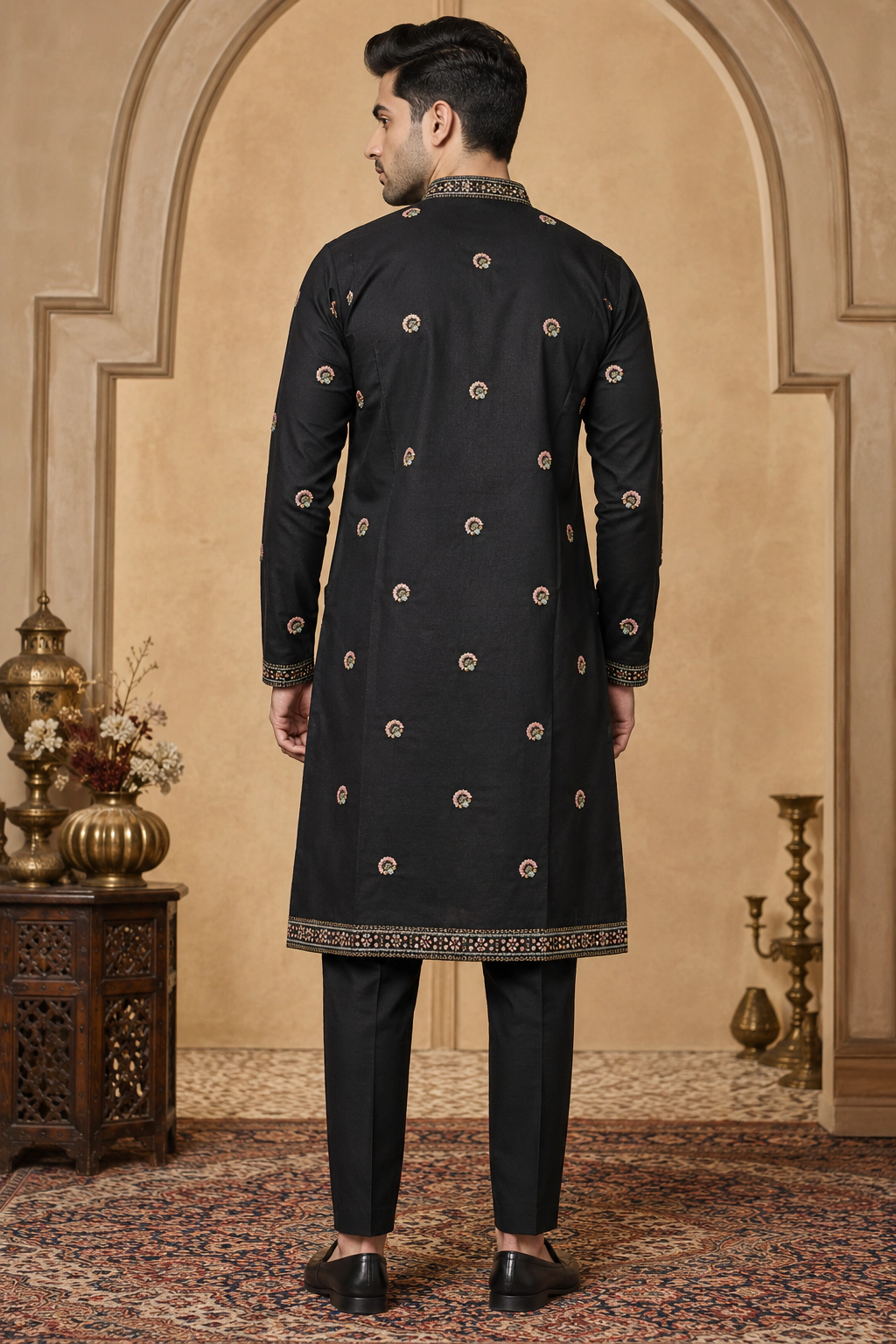 Men's Black Dola Silk Embroidered Kurta Set view 3