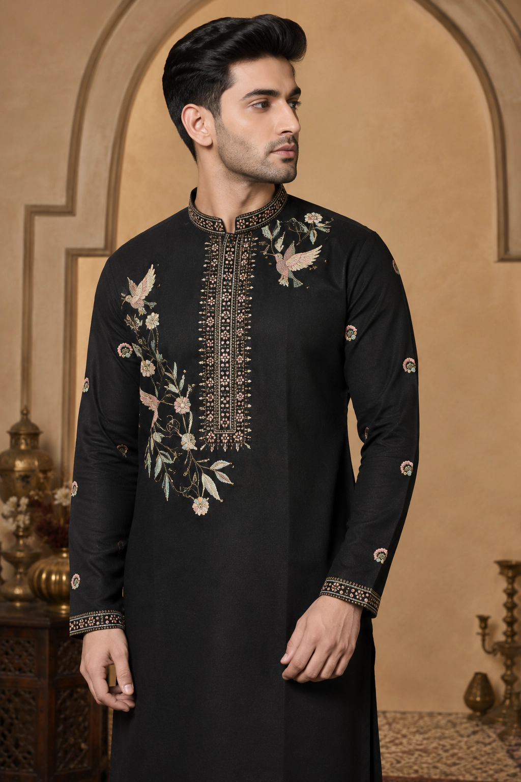 Men's Black Dola Silk Embroidered Kurta Set view 2