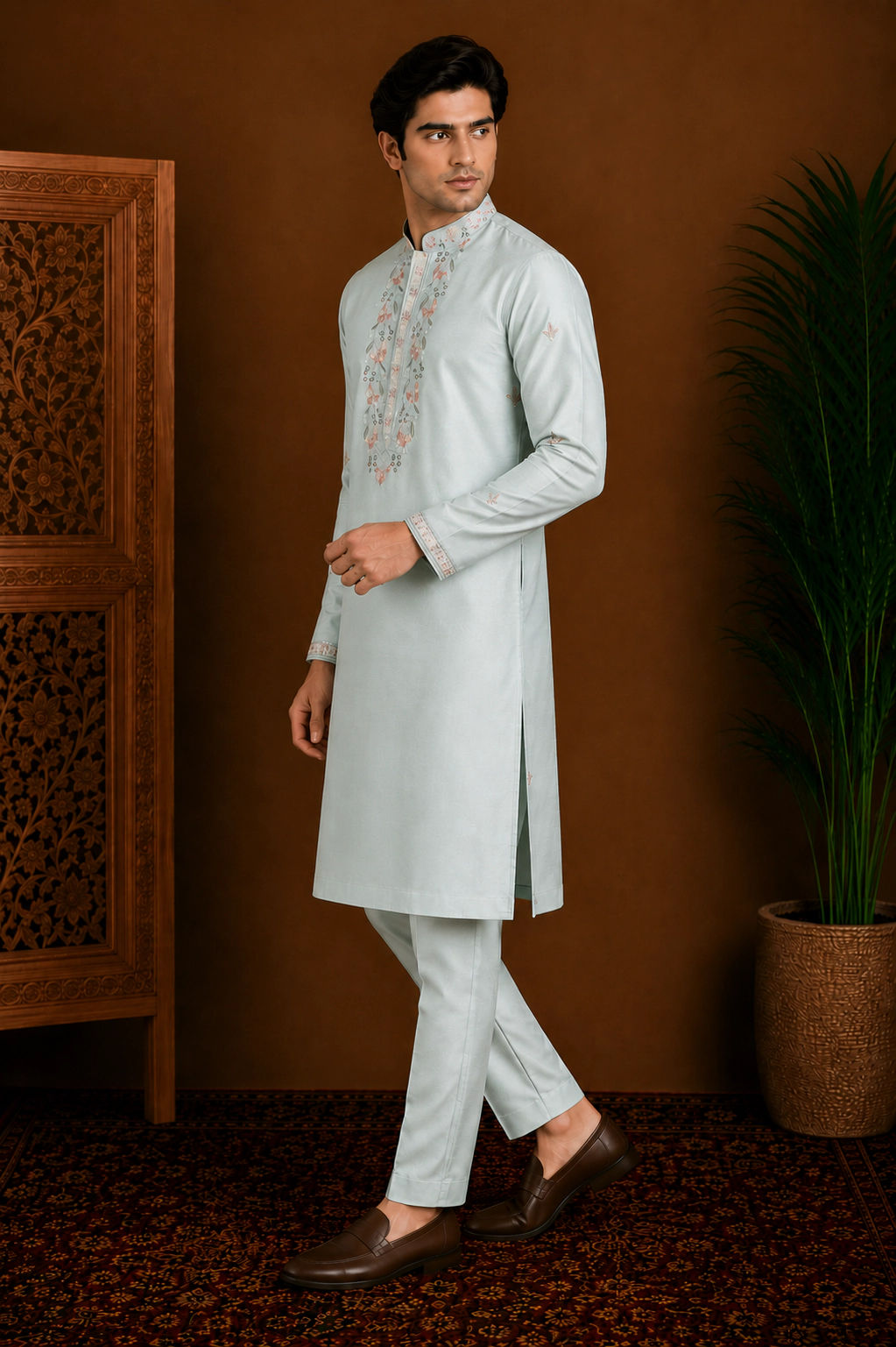 Men's Ice Blue Dola Silk Embroidered Kurta Set view 4