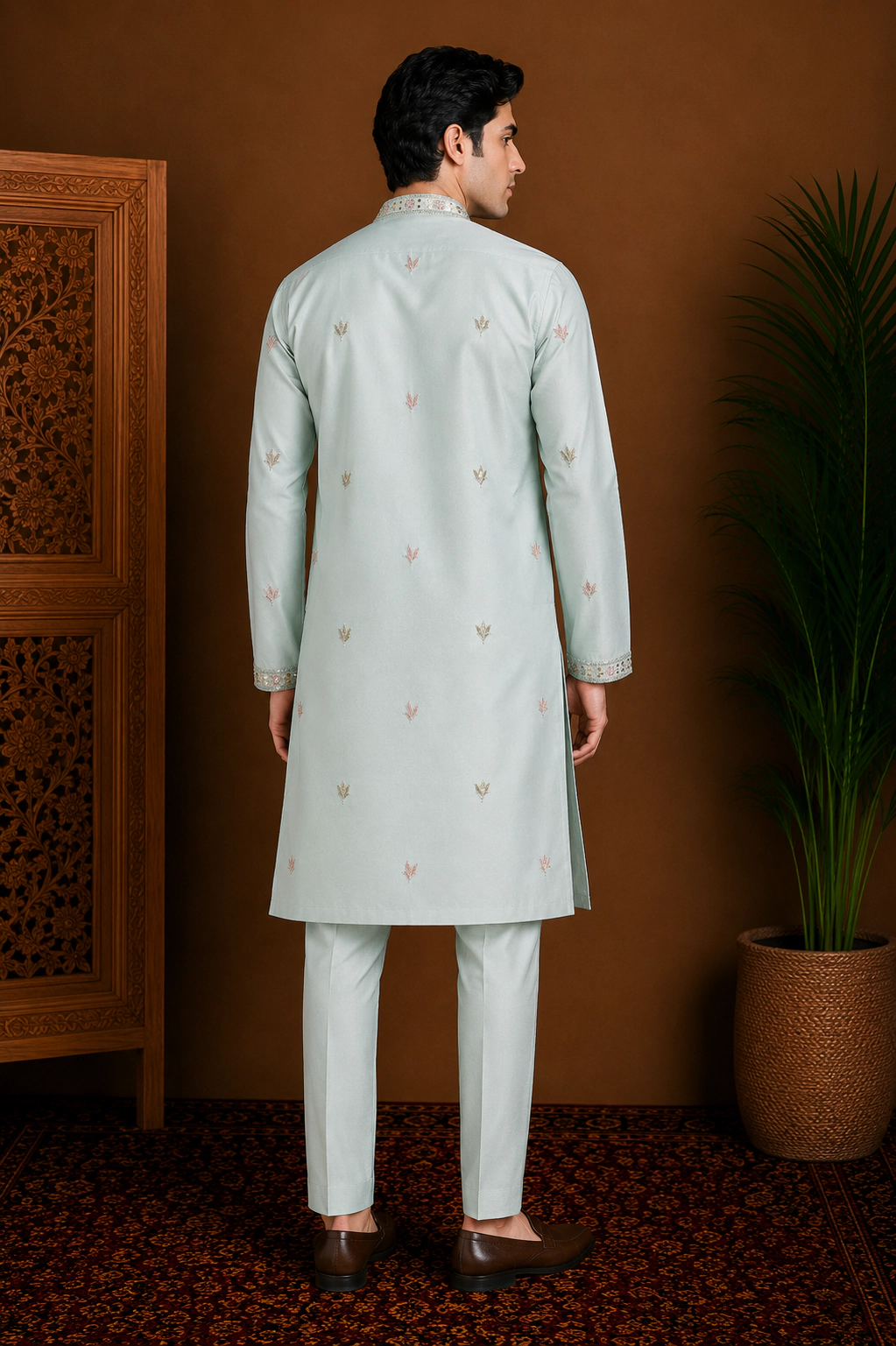 Men's Ice Blue Dola Silk Embroidered Kurta Set view 3