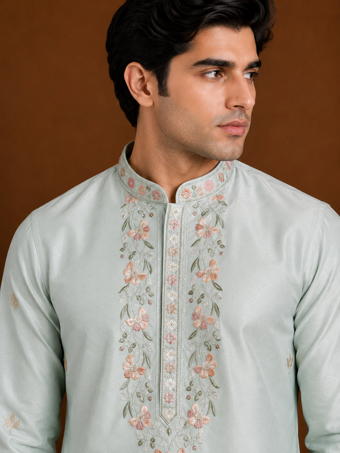 Men's Ice Blue Dola Silk Embroidered Kurta Set view 2