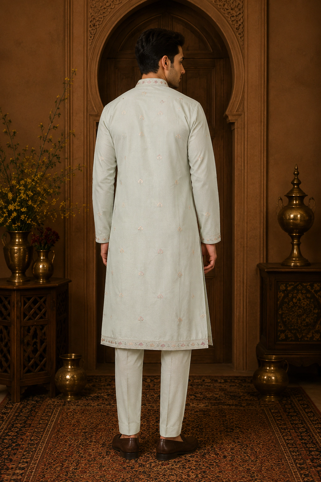 Men's Ivory Dola Silk Floral Embroidered Kurta Set view 3