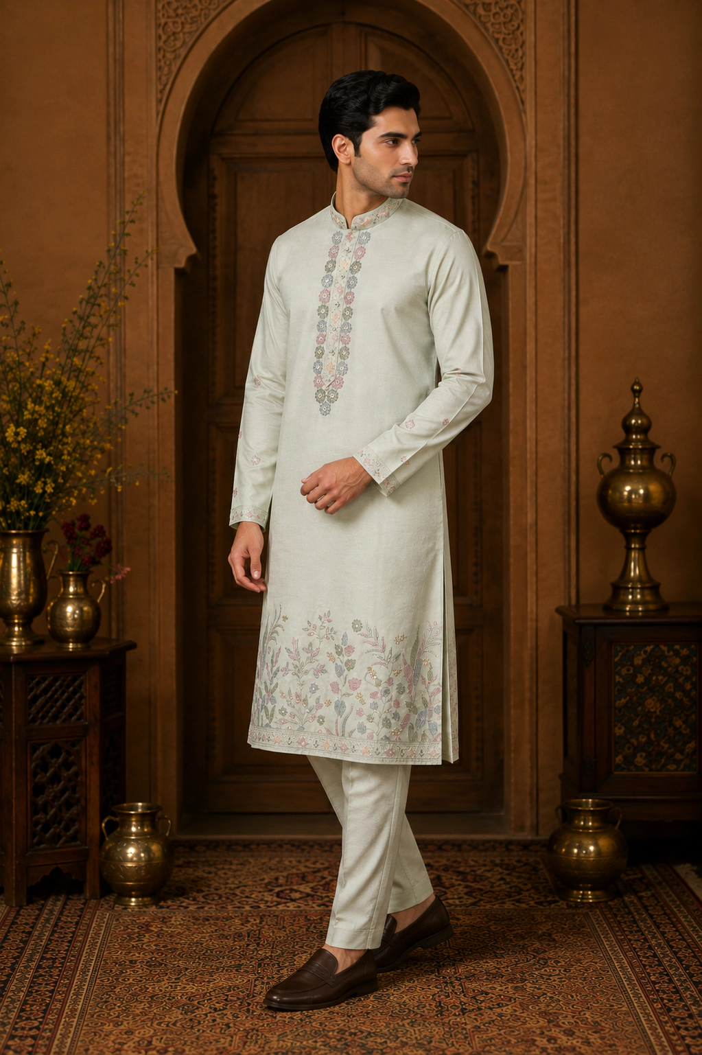 Men's Ivory Dola Silk Floral Embroidered Kurta Set view 4