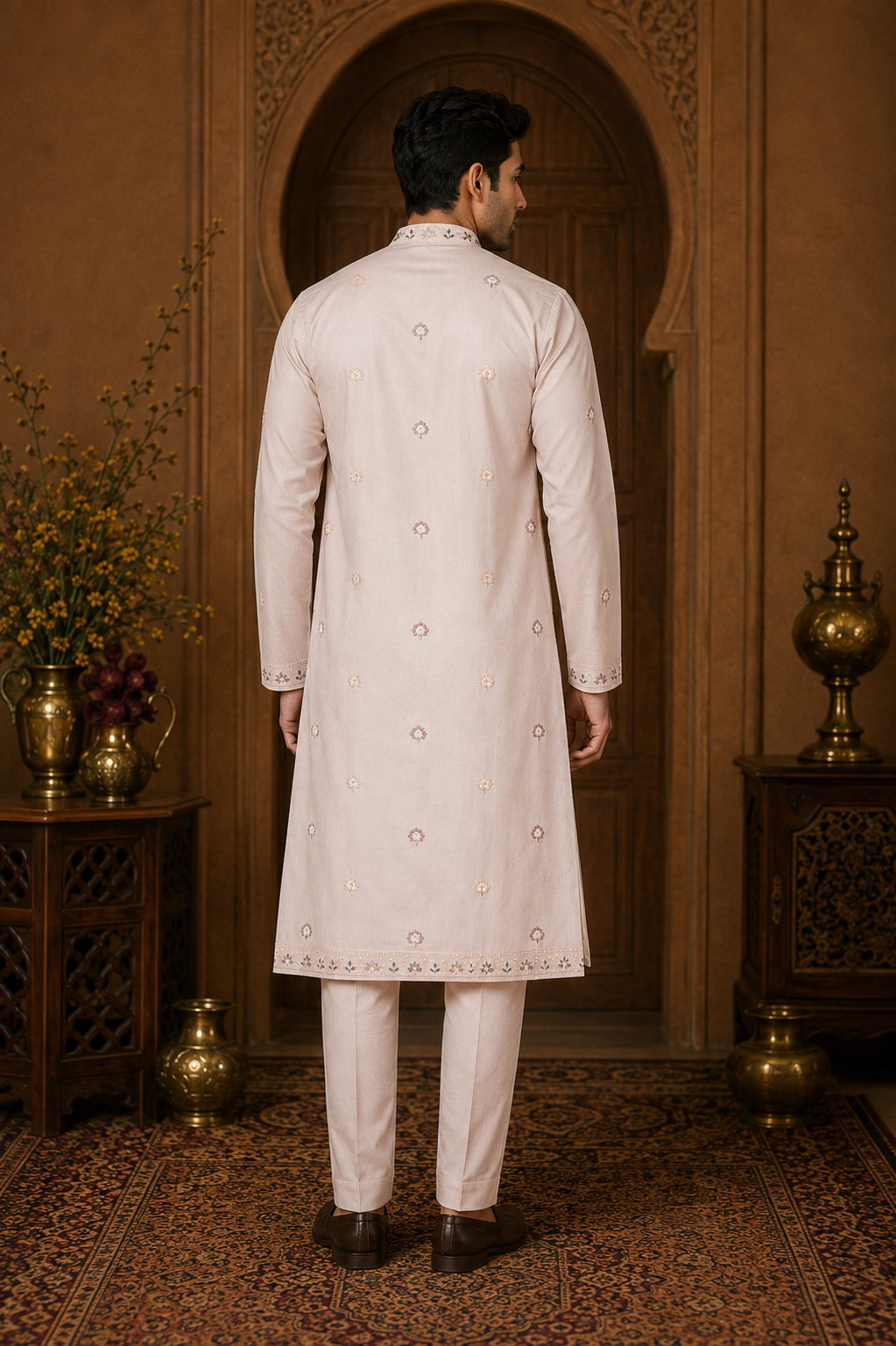 Men's Blush Pink Dola Silk Floral Embroidered Kurta Set view 3