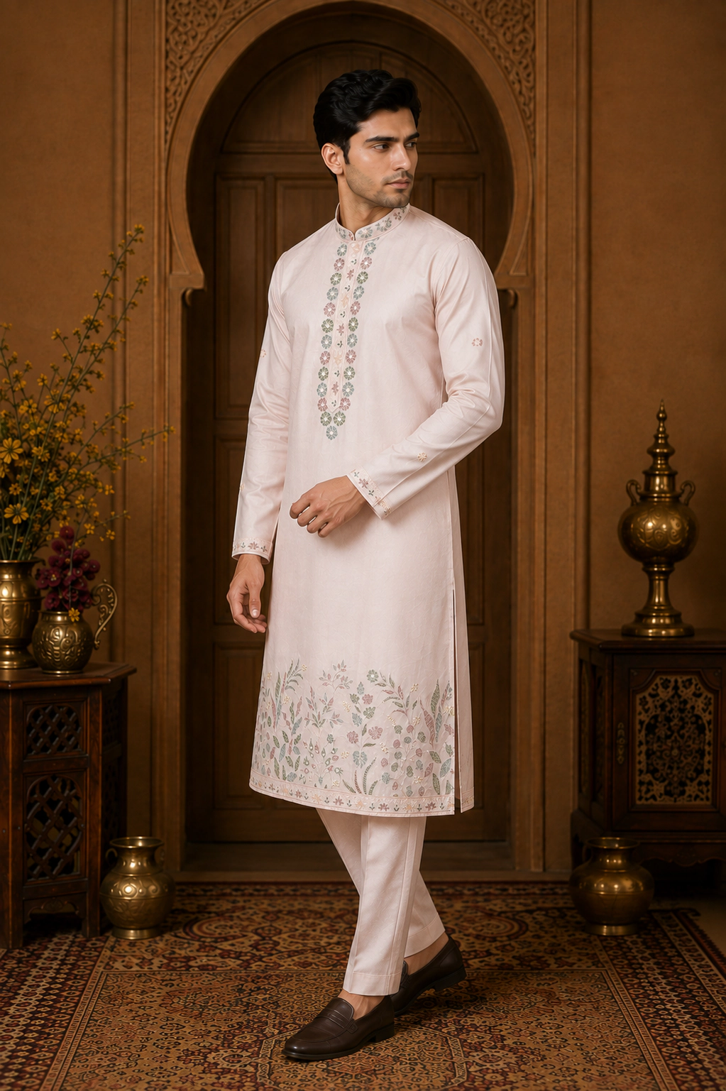 Men's Blush Pink Dola Silk Floral Embroidered Kurta Set view 4