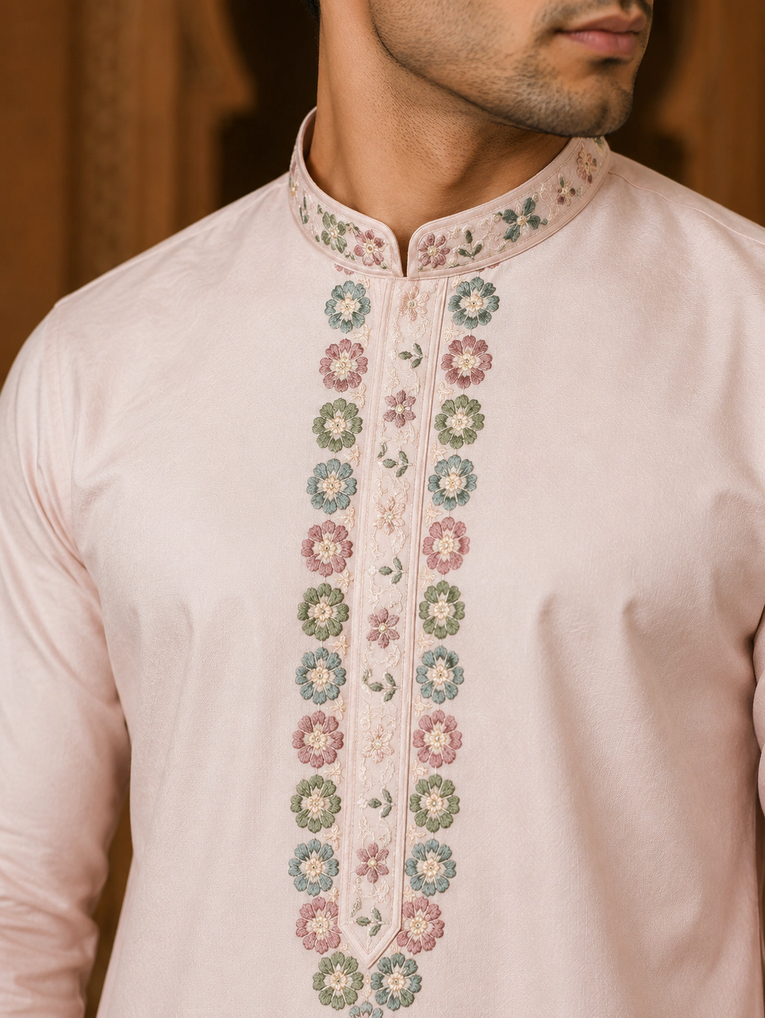 Men's Blush Pink Dola Silk Floral Embroidered Kurta Set view 2