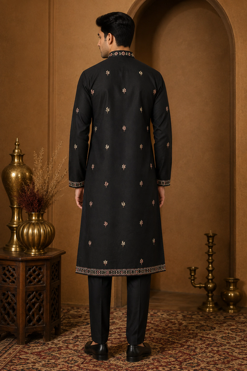 Men's Black Dola Silk Heritage Embroidered Kurta Set view 3