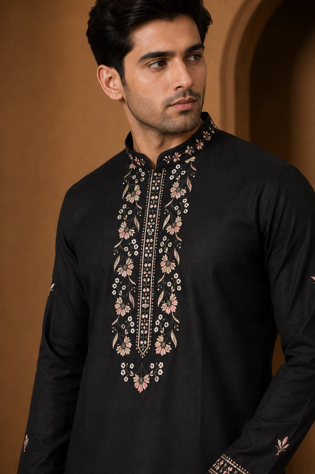 Men's Black Dola Silk Heritage Embroidered Kurta Set view 2