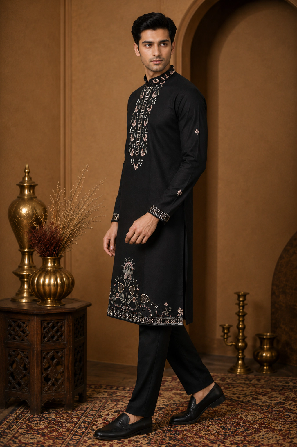 Men's Black Dola Silk Heritage Embroidered Kurta Set view 4