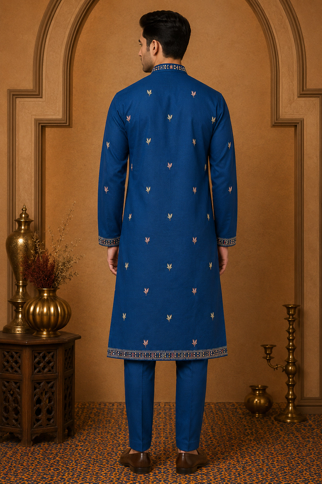Men's Royal Blue Dola Silk Heritage Embroidered Kurta Set view 3