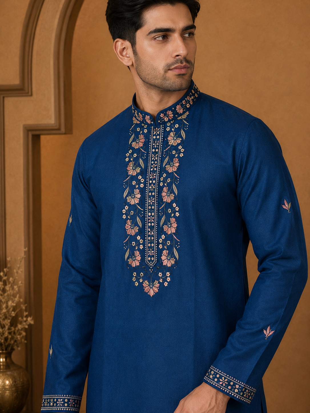 Men's Royal Blue Dola Silk Heritage Embroidered Kurta Set view 2