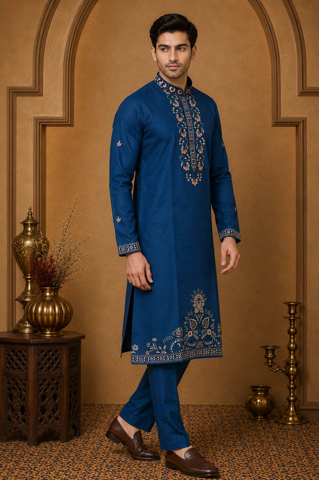 Men's Royal Blue Dola Silk Heritage Embroidered Kurta Set view 4