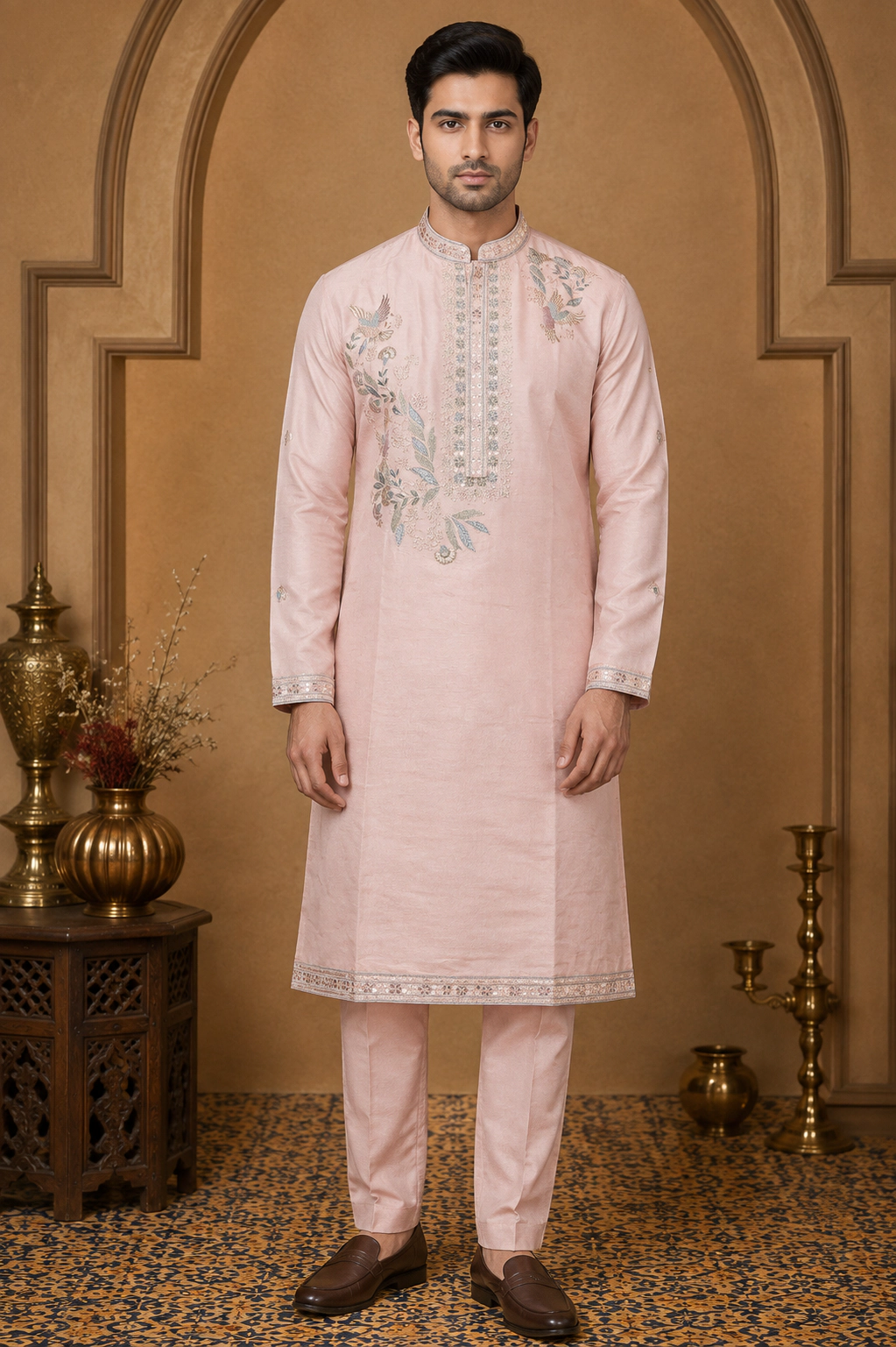 Men's Blush Pink Dola Silk Bird Embroidered Kurta Set