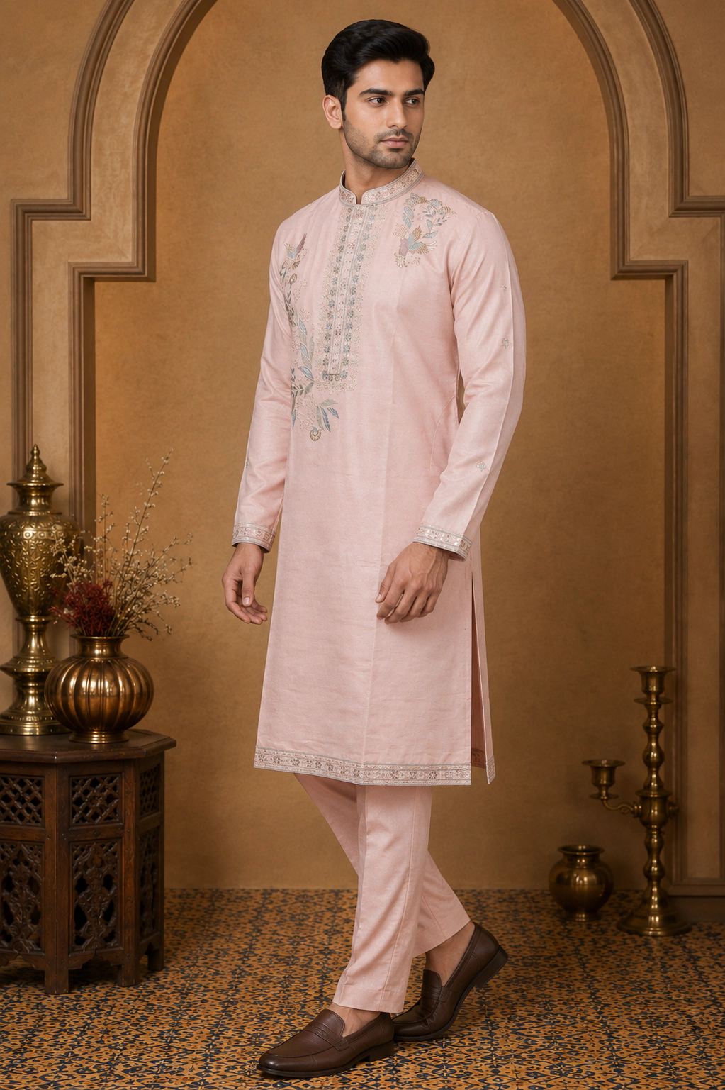 Men's Blush Pink Dola Silk Bird Embroidered Kurta Set view 4