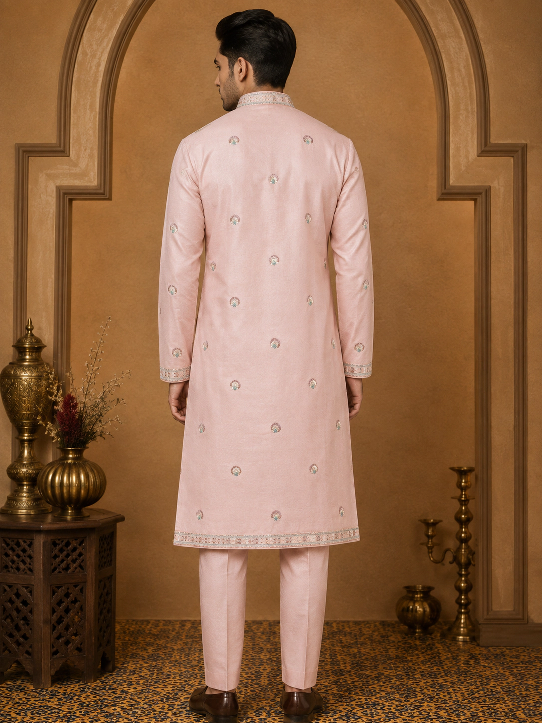 Men's Blush Pink Dola Silk Bird Embroidered Kurta Set view 3