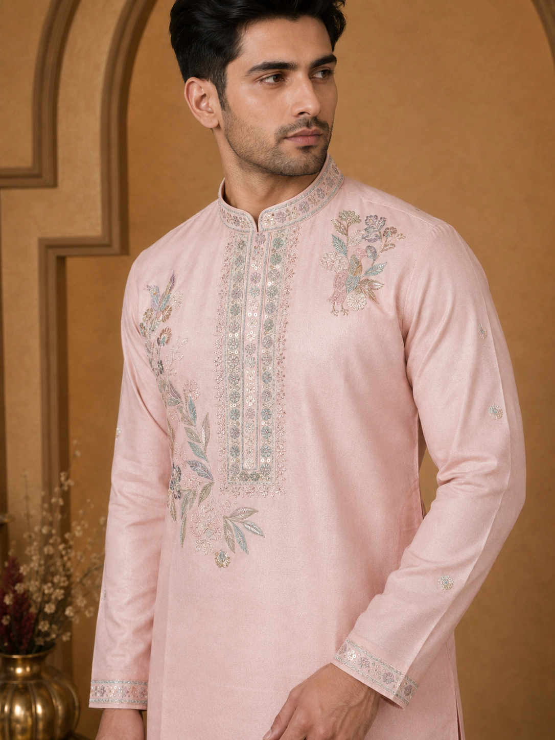 Men's Blush Pink Dola Silk Bird Embroidered Kurta Set view 2