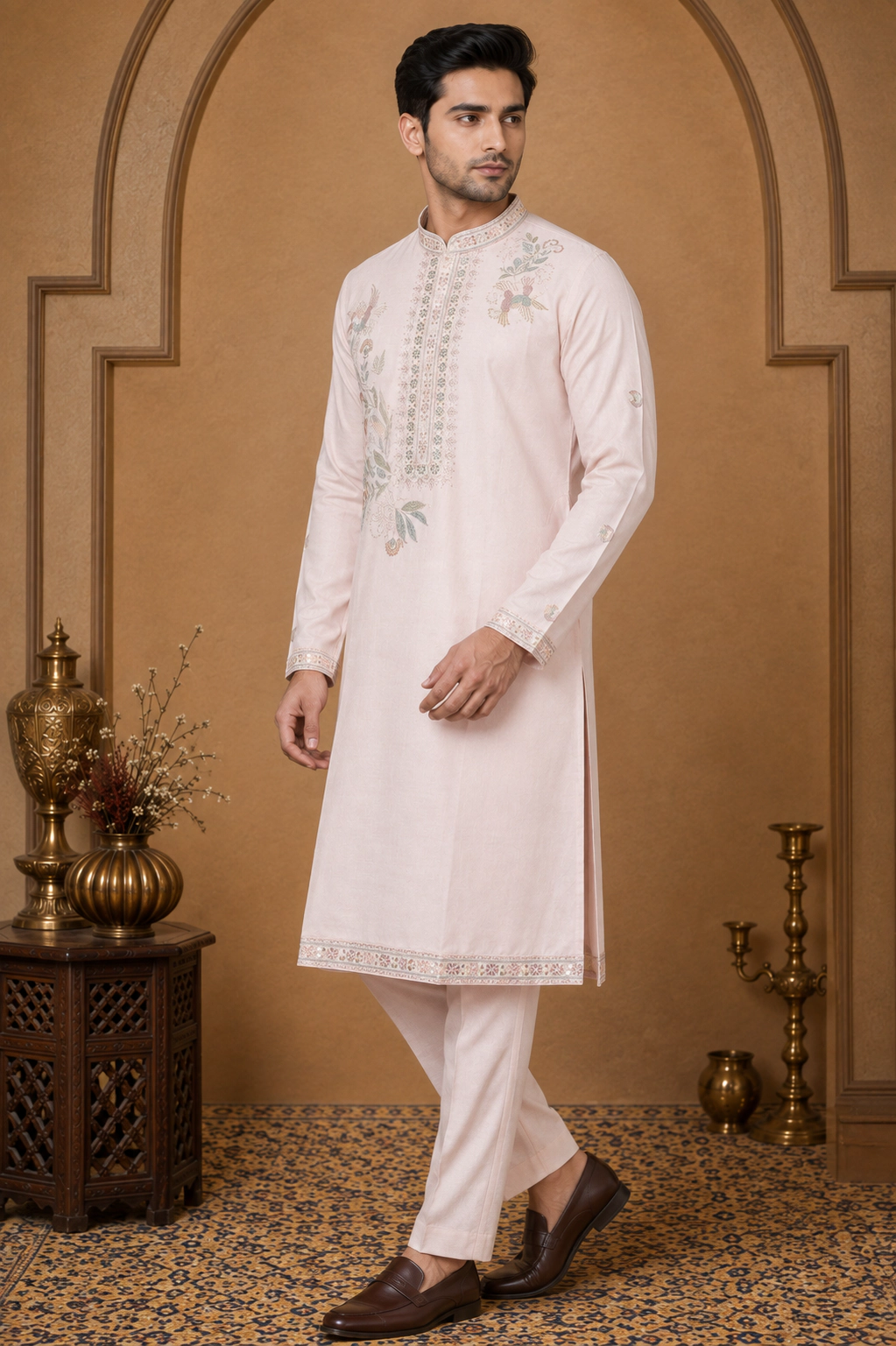 Men's Powder Pink Dola Silk Bird Embroidered Kurta Set