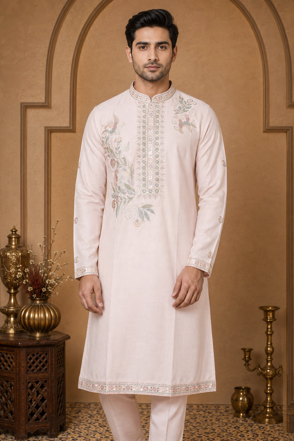 Men's Powder Pink Dola Silk Bird Embroidered Kurta Set view 4