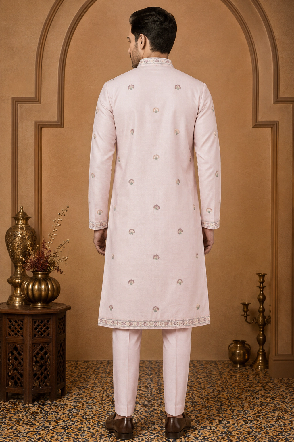 Men's Powder Pink Dola Silk Bird Embroidered Kurta Set view 3