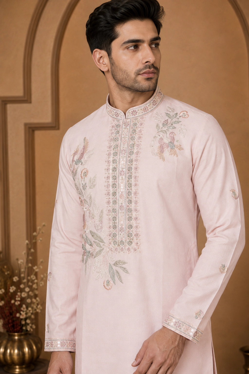 Men's Powder Pink Dola Silk Bird Embroidered Kurta Set view 2