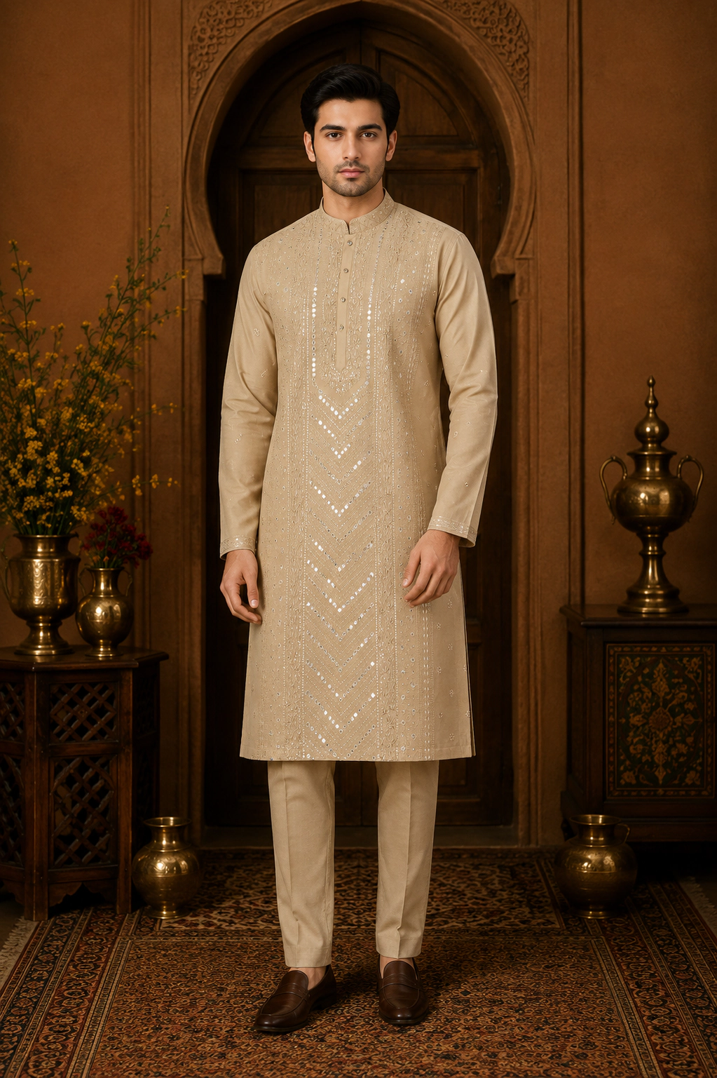 Men's Sand Gold Cotton Silk Embroidered Kurta Set
