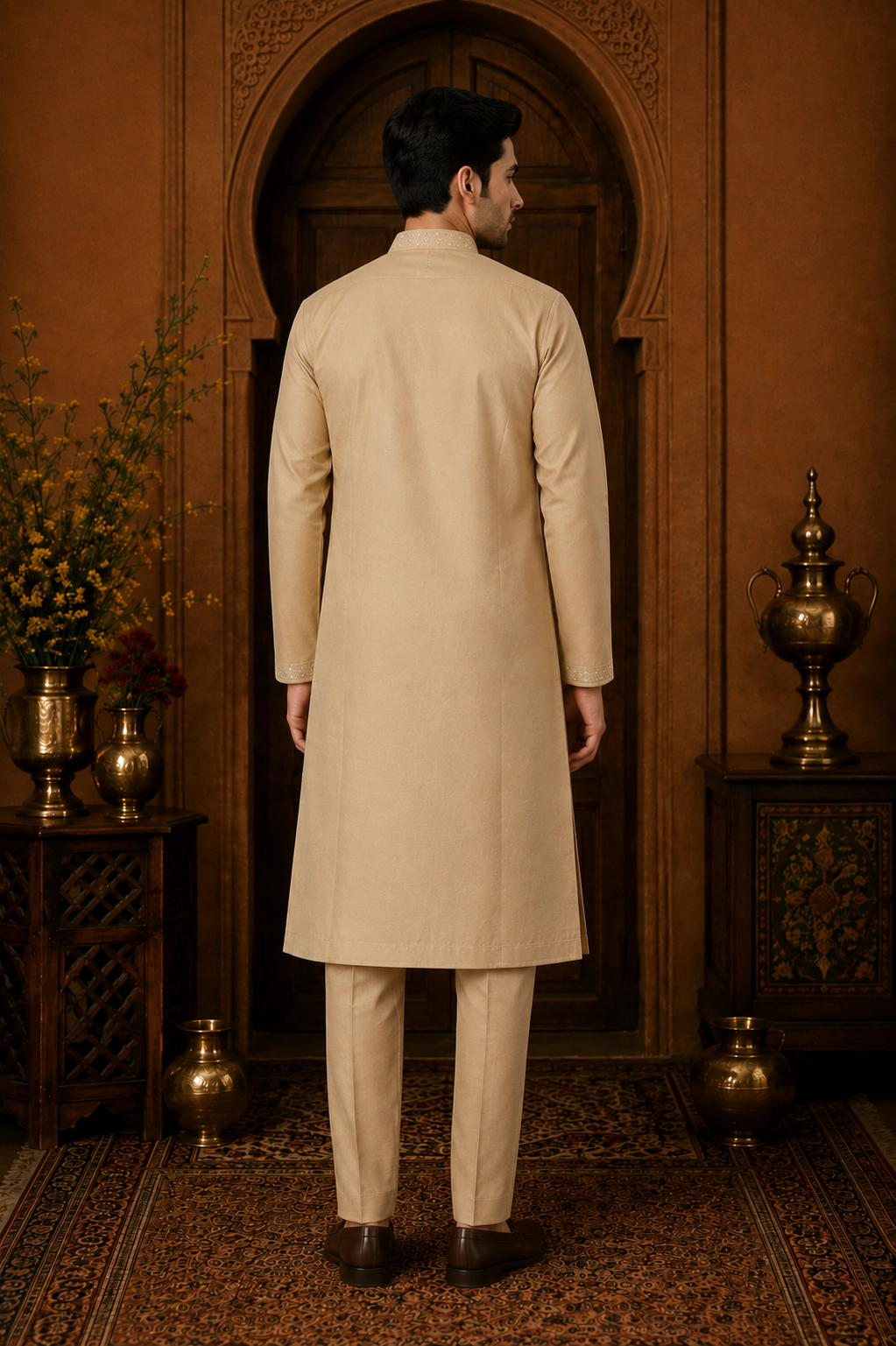 Men's Sand Gold Cotton Silk Embroidered Kurta Set view 3