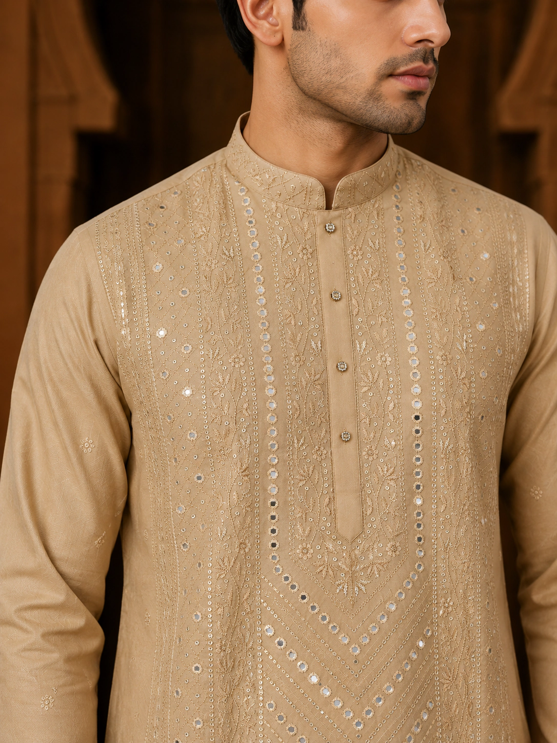 Men's Sand Gold Cotton Silk Embroidered Kurta Set view 2