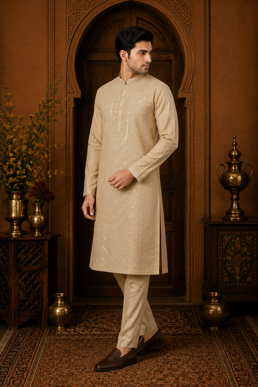 Men's Sand Gold Cotton Silk Embroidered Kurta Set view 4