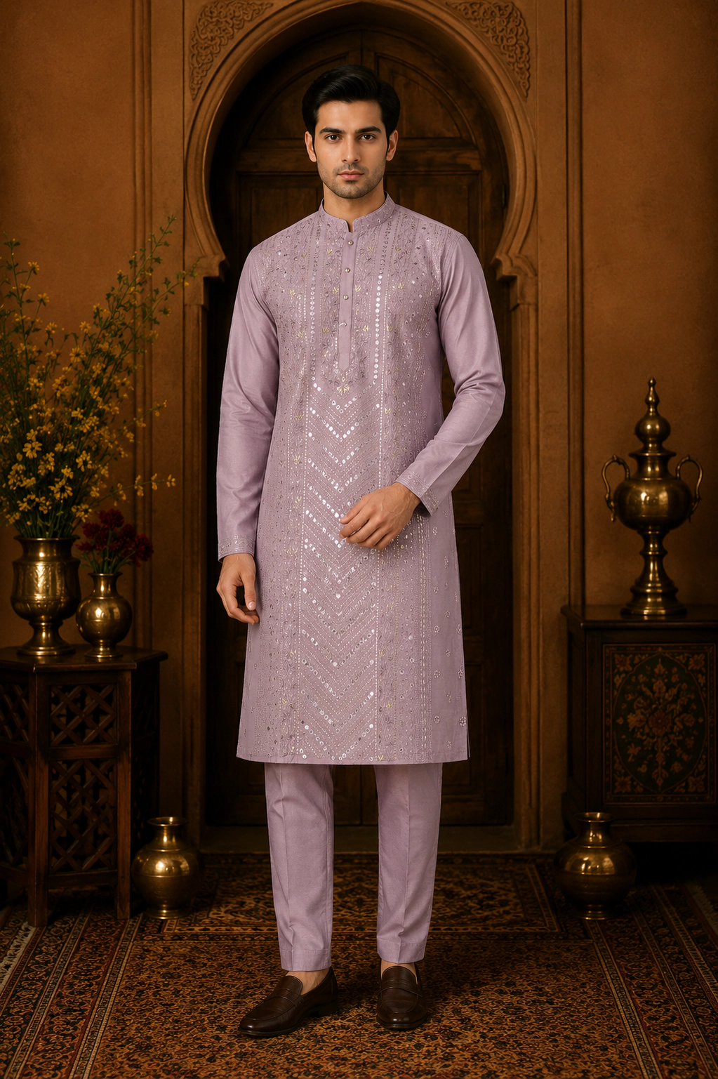 Men's Dusty Mauve Cotton Silk Embroidered Kurta Set view 4