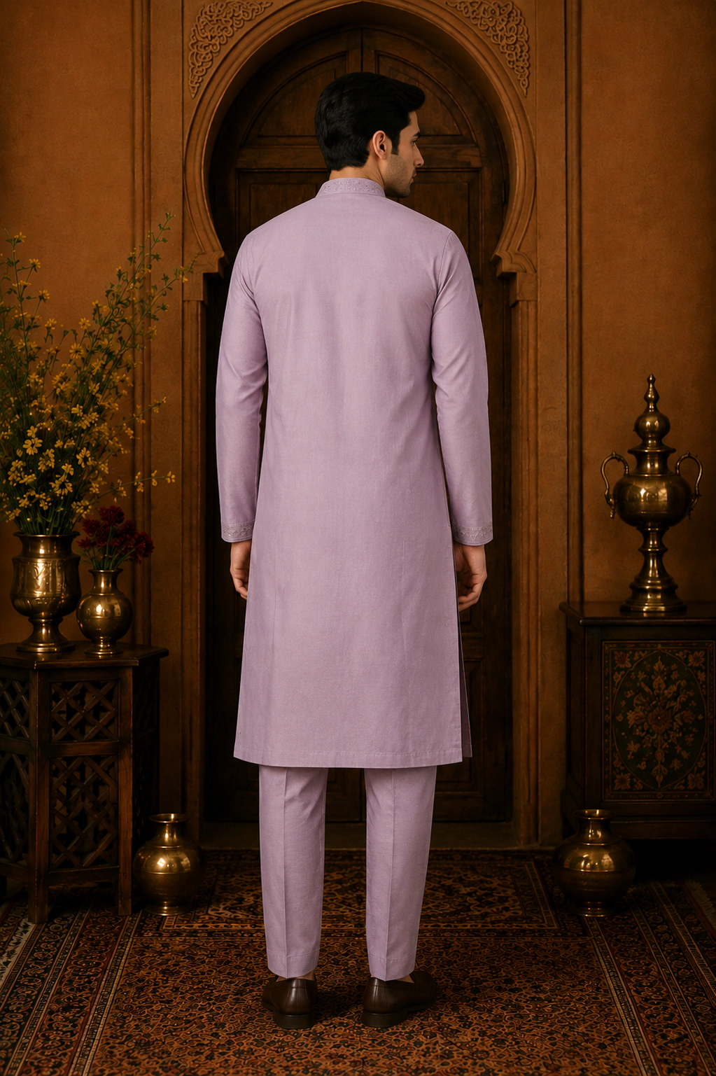 Men's Dusty Mauve Cotton Silk Embroidered Kurta Set view 3