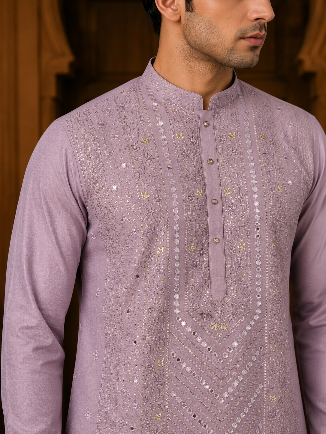 Men's Dusty Mauve Cotton Silk Embroidered Kurta Set view 2