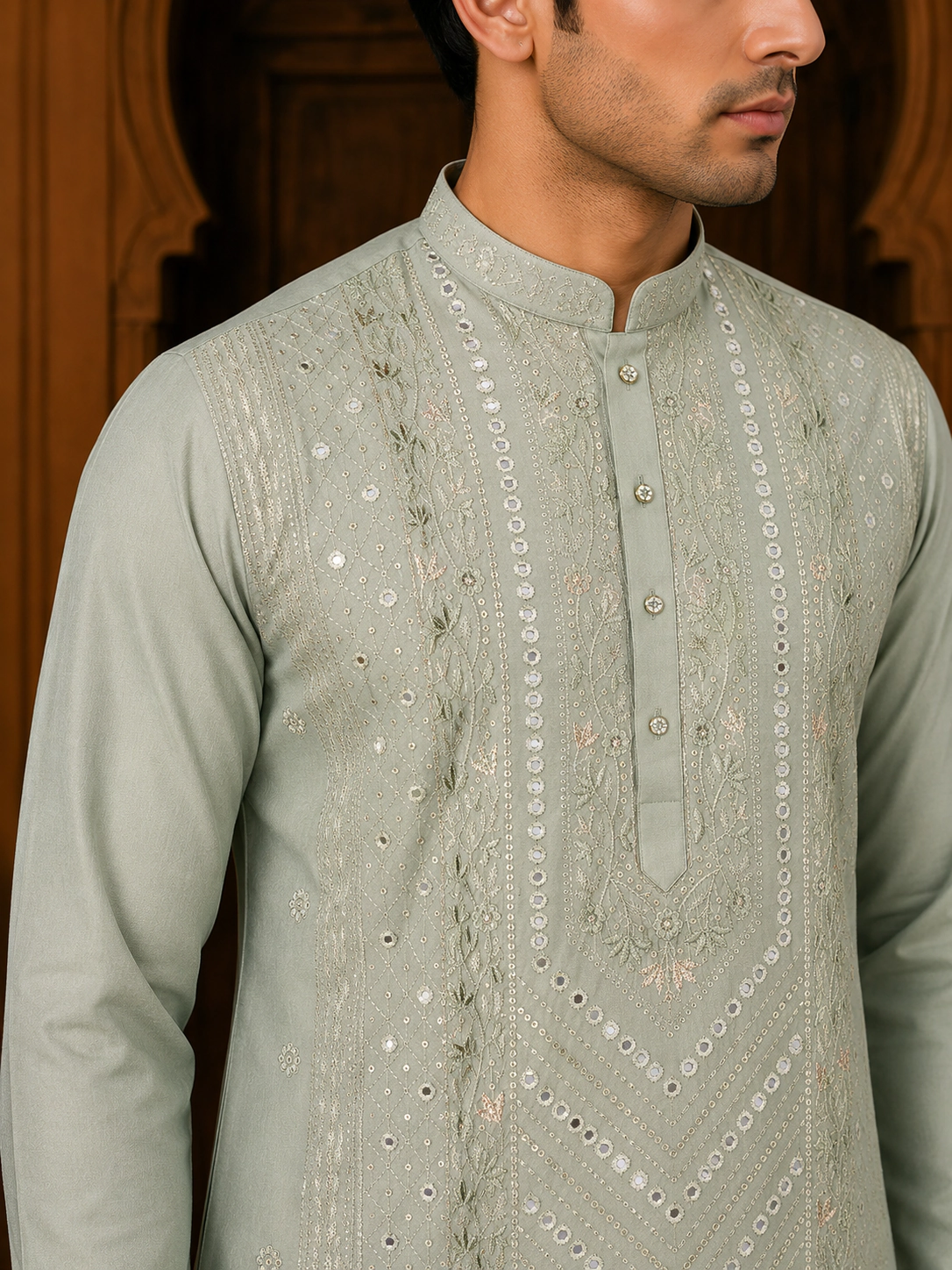 Men's Sage Green Cotton Silk Embroidered Kurta Set view 2